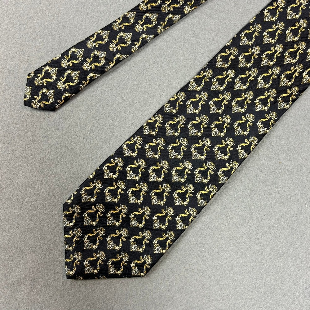 Brioni Necktie Silk Ornate Crest Pattern Mens OS Black Gold